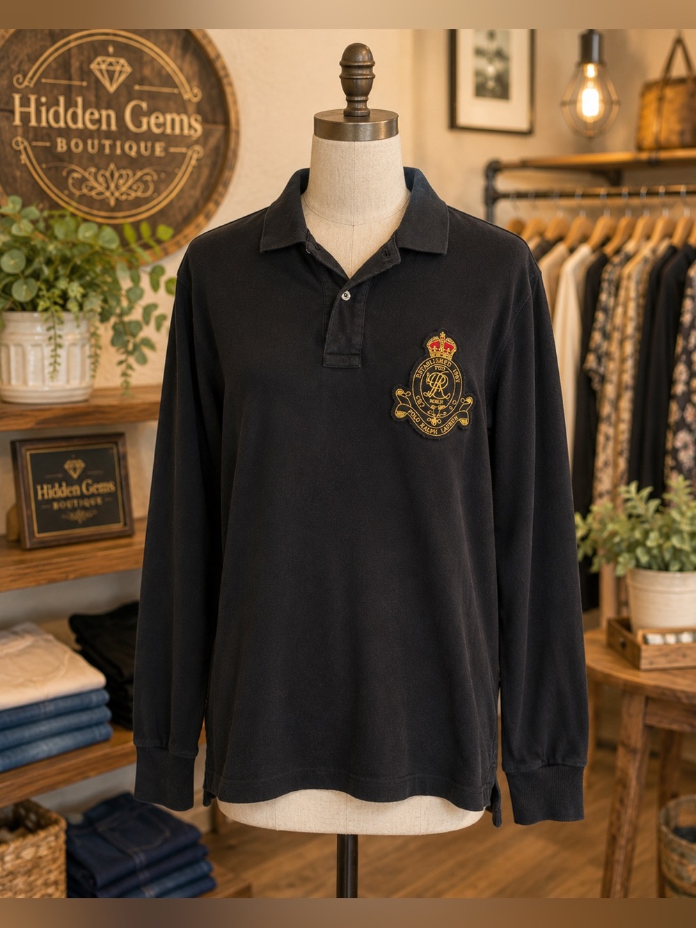 Ralph Lauren Black Long-Sleeve Polo with Gold Crest - Picture 3 of 9